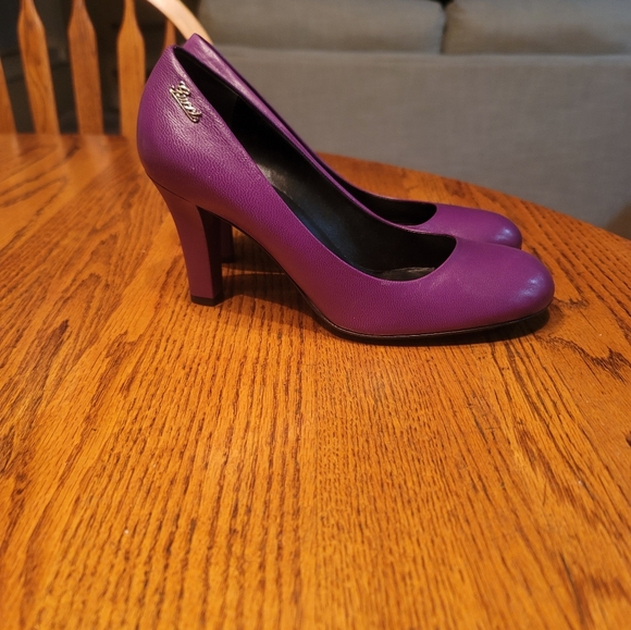 Gucci Purple Genuine Leather Round Toe Side Logo Shoes Pumps Heels - Picture 6 of 16